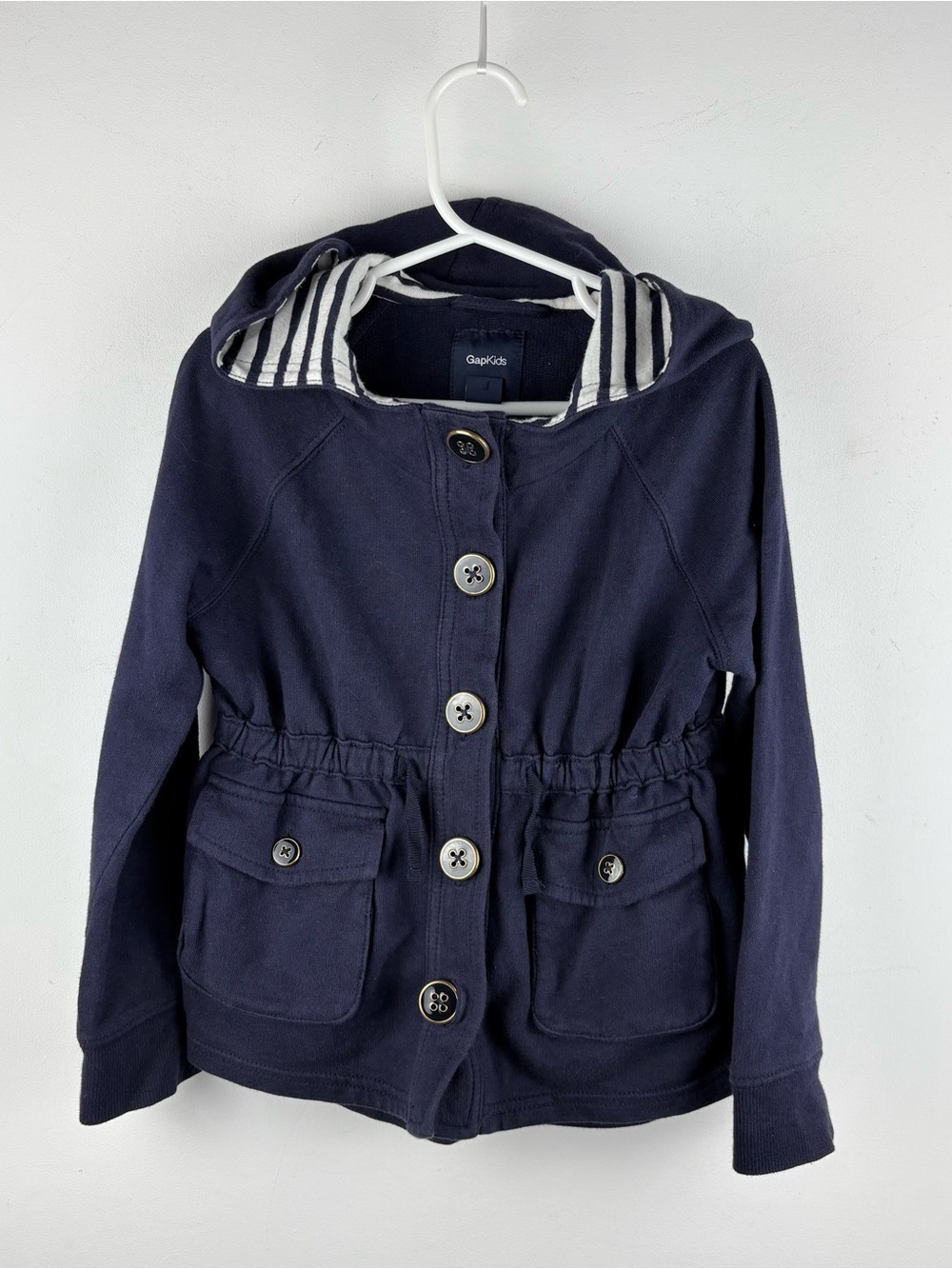 VTG Gap Kids Navy Blue Hooded Anorak Button Sweater Jacket Nautical Girls XS 4 5 - Picture 2 of 8